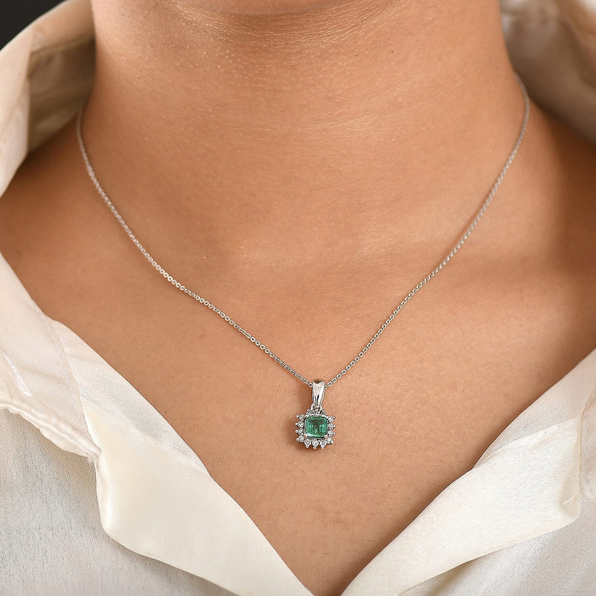 D'Joy AAA Premium Gemfields Zambian Emerald &amp; Lab Grown Diamond Halo Pendant with Chain (Size 20) in Rhodium Overlay Sterling Silver 4449477 3