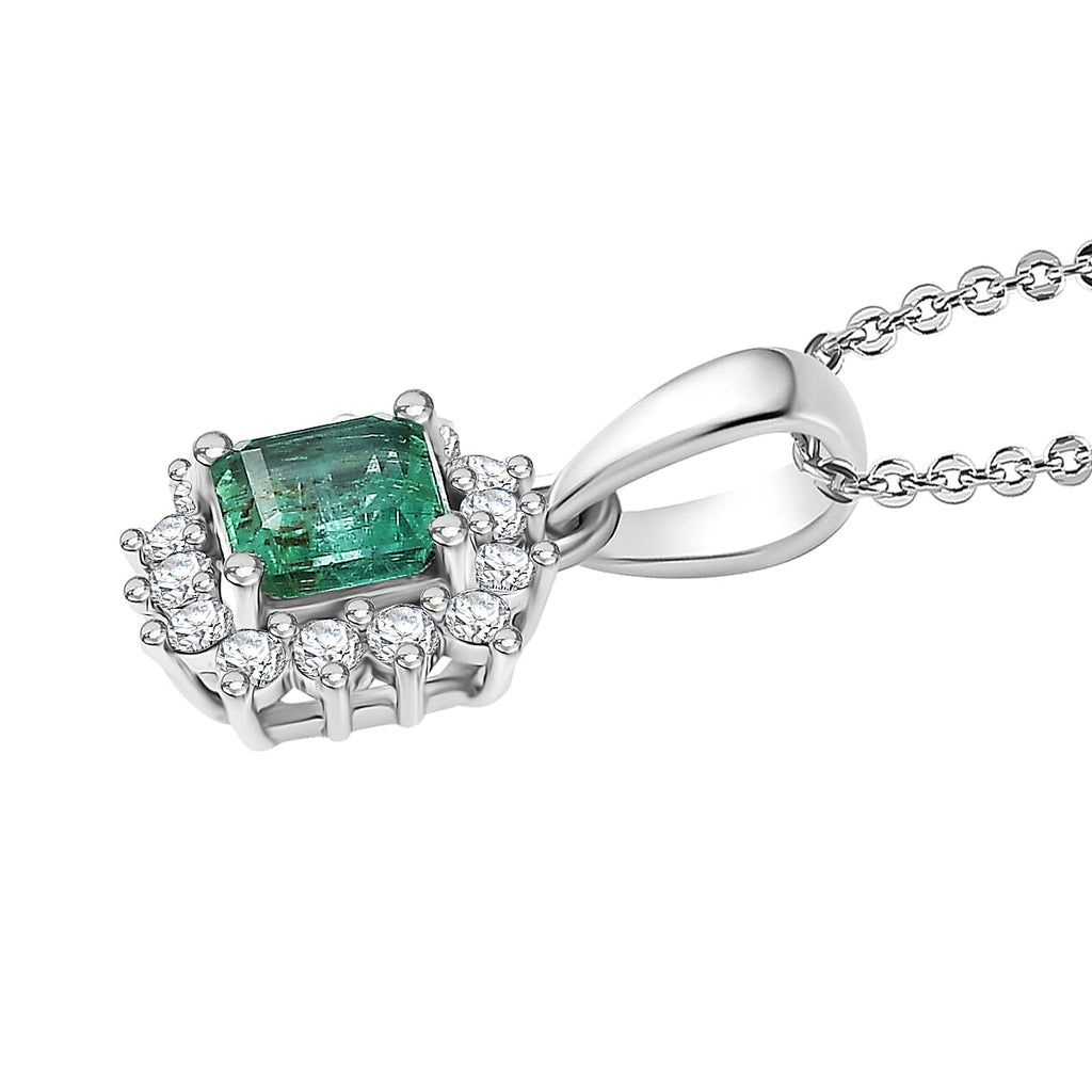 D'Joy AAA Premium Gemfields Zambian Emerald & Lab Grown Diamond Halo Pendant with Chain (Size 20) in Rhodium Overlay Sterling Silver_4449477_3
