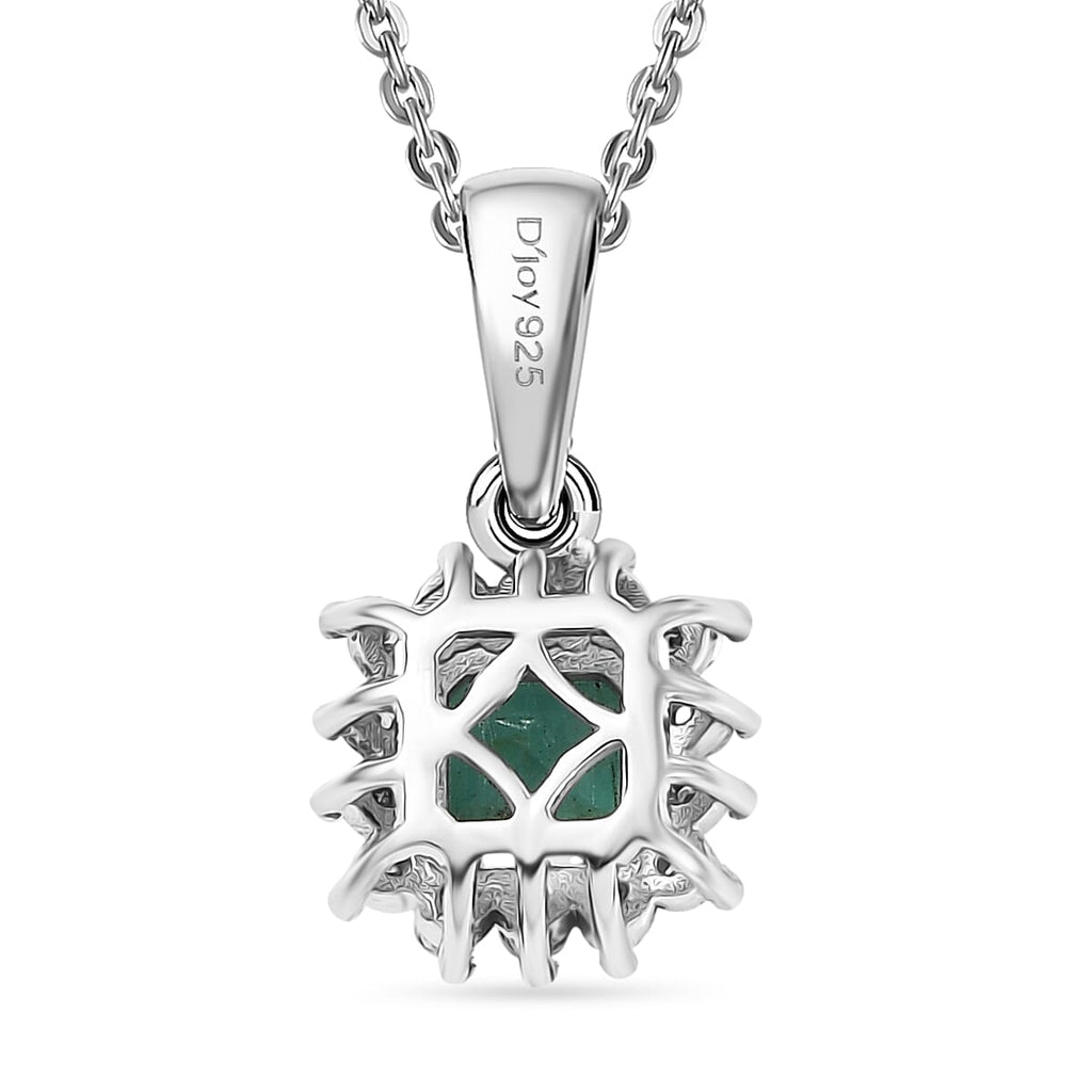 D'Joy AAA Premium Gemfields Zambian Emerald & Lab Grown Diamond Halo Pendant with Chain (Size 20) in Rhodium Overlay Sterling Silver_4449477_4