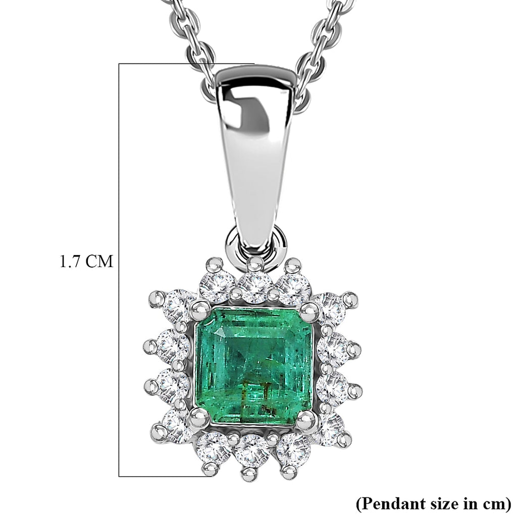 D'Joy AAA Premium Gemfields Zambian Emerald & Lab Grown Diamond Halo Pendant with Chain (Size 20) in Rhodium Overlay Sterling Silver_4449477_5