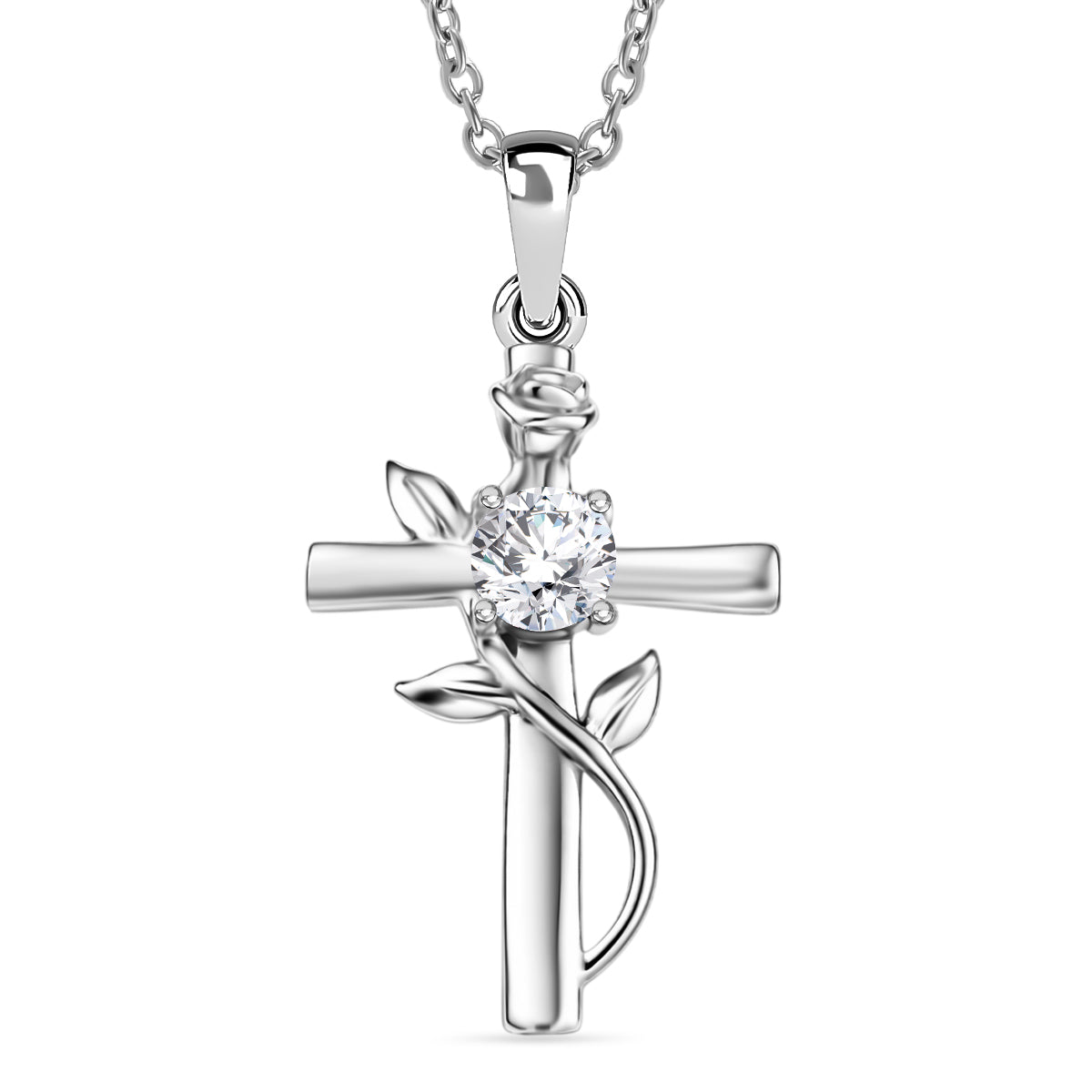 D'Joy - Moissanite Leaf Vine Cross Pendant in Platinum Overlay Sterling Silver with Chain (Size 20) 4449513 0