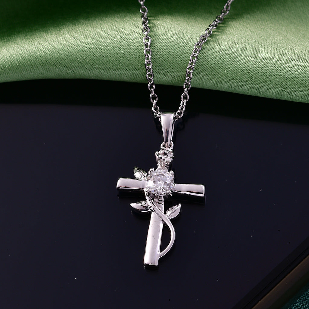 D'Joy - Moissanite Leaf Vine Cross Pendant in Platinum Overlay Sterling Silver with Chain (Size 20)_4449513_2