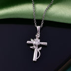 D'Joy - Moissanite Leaf Vine Cross Pendant in Platinum Overlay Sterling Silver with Chain (Size 20)_4449513_2