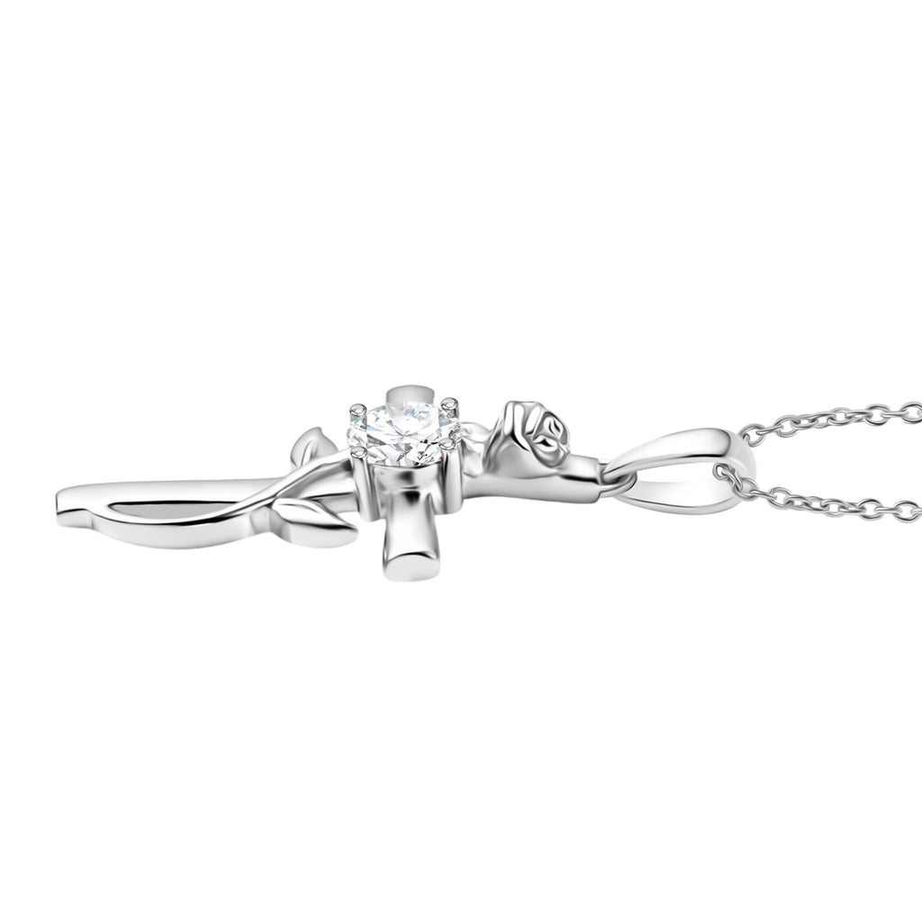 D'Joy - Moissanite Leaf Vine Cross Pendant in Platinum Overlay Sterling Silver with Chain (Size 20)_4449513_3