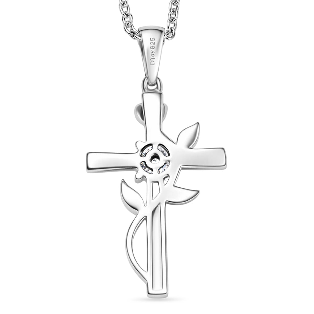D'Joy - Moissanite Leaf Vine Cross Pendant in Platinum Overlay Sterling Silver with Chain (Size 20)_4449513_4