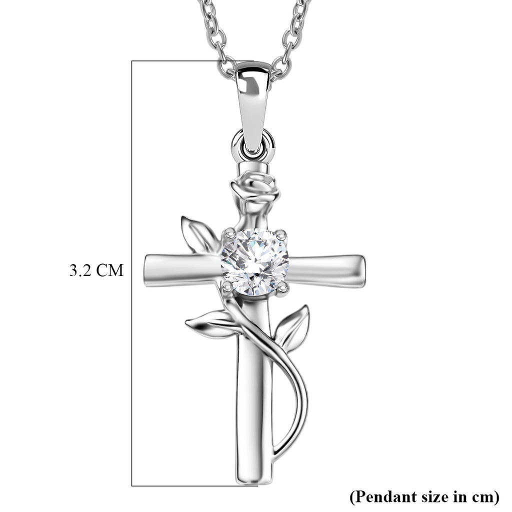 D'Joy - Moissanite Leaf Vine Cross Pendant in Platinum Overlay Sterling Silver with Chain (Size 20)_4449513_5