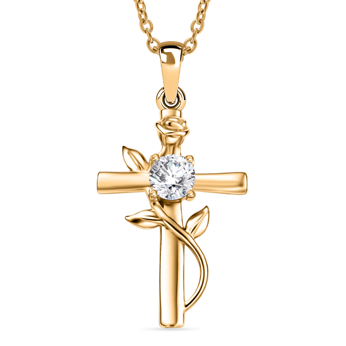 D'Joy - Moissanite Leaf Vine Cross Pendant in Yellow Gold Plated Sterling Silver with Chain (Size 20) 4449514 0