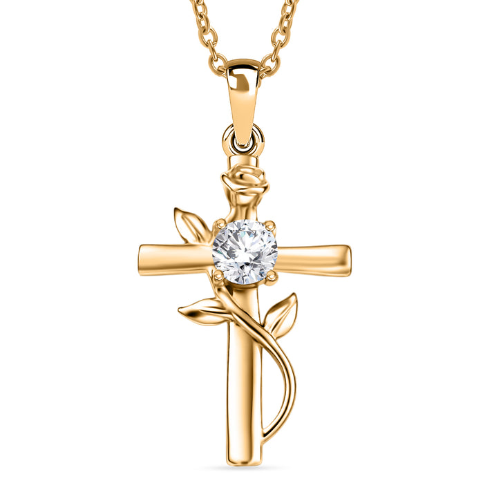 D'Joy - Moissanite Leaf Vine Cross Pendant in Yellow Gold Plated Sterling Silver with Chain (Size 20) 4449514 1