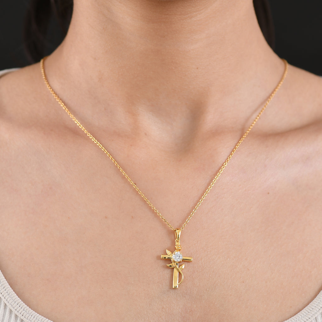 D'Joy - Moissanite Leaf Vine Cross Pendant in Yellow Gold Plated Sterling Silver with Chain (Size 20)_4449514_1