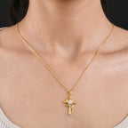 D'Joy - Moissanite Leaf Vine Cross Pendant in Yellow Gold Plated Sterling Silver with Chain (Size 20)_4449514_1