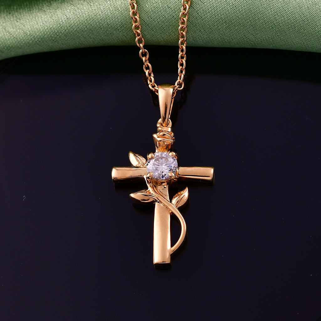 D'Joy - Moissanite Leaf Vine Cross Pendant in Yellow Gold Plated Sterling Silver with Chain (Size 20)_4449514_2