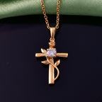 D'Joy - Moissanite Leaf Vine Cross Pendant in Yellow Gold Plated Sterling Silver with Chain (Size 20)_4449514_2