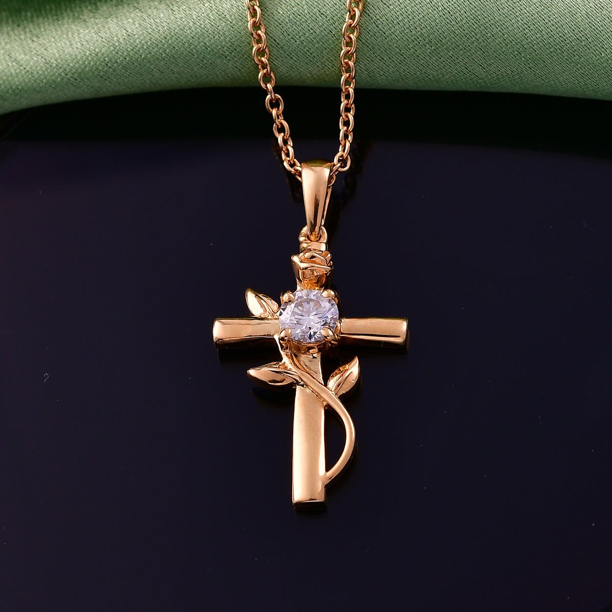 D'Joy - Moissanite Leaf Vine Cross Pendant in Yellow Gold Plated Sterling Silver with Chain (Size 20) 4449514 3