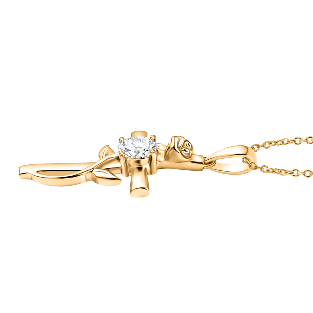 D'Joy - Moissanite Leaf Vine Cross Pendant in Yellow Gold Plated Sterling Silver with Chain (Size 20)_4449514_3