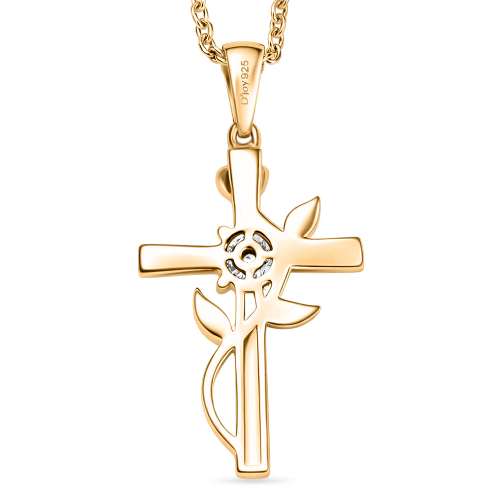 D'Joy - Moissanite Leaf Vine Cross Pendant in Yellow Gold Plated Sterling Silver with Chain (Size 20)_4449514_4