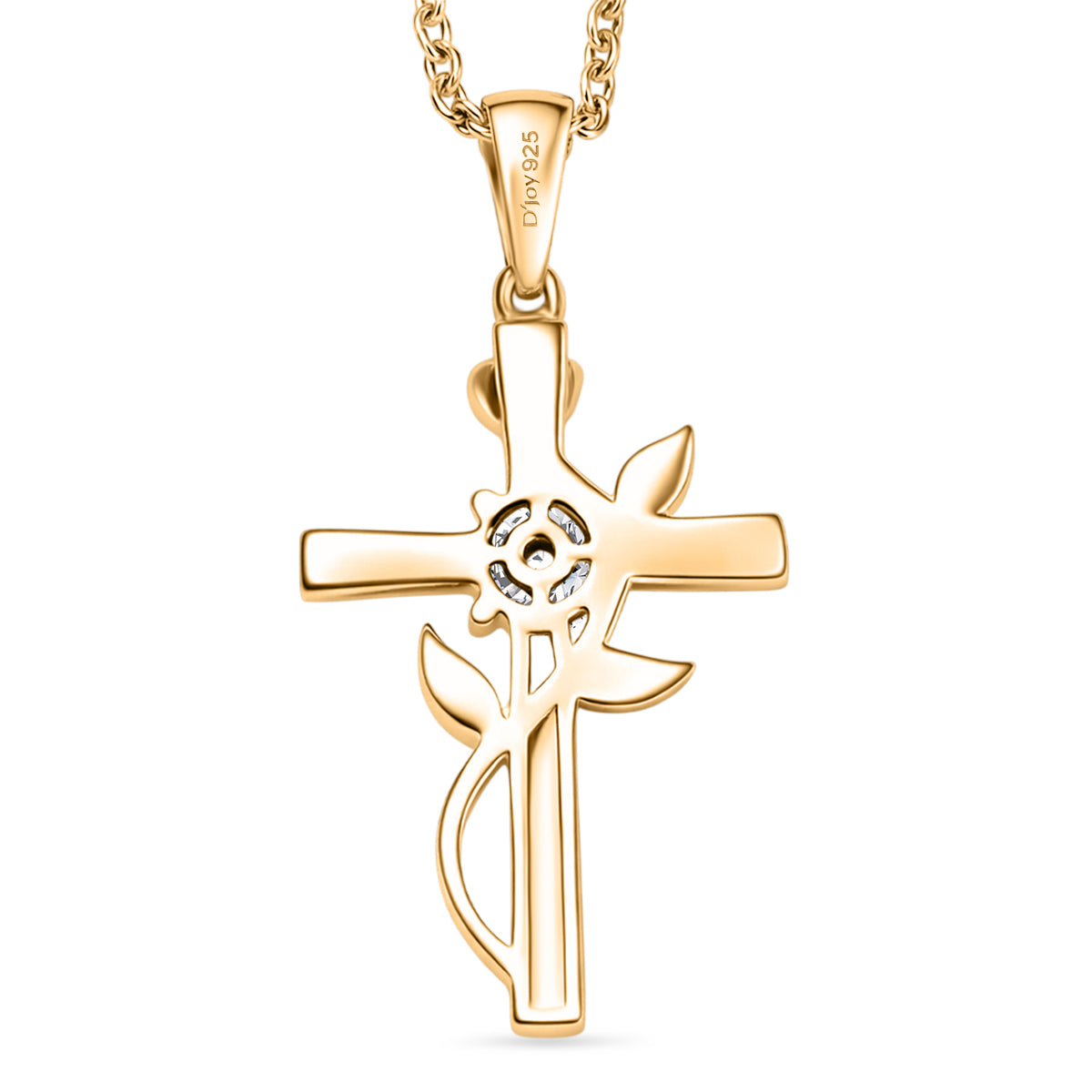 D'Joy - Moissanite Leaf Vine Cross Pendant in Yellow Gold Plated Sterling Silver with Chain (Size 20) 4449514 5