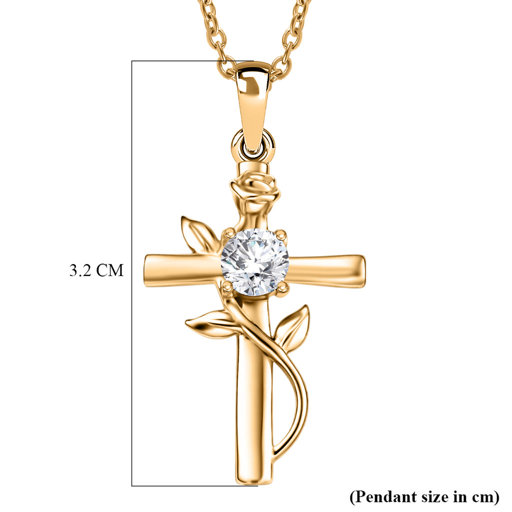 D'Joy - Moissanite Leaf Vine Cross Pendant in Yellow Gold Plated Sterling Silver with Chain (Size 20)_4449514_5