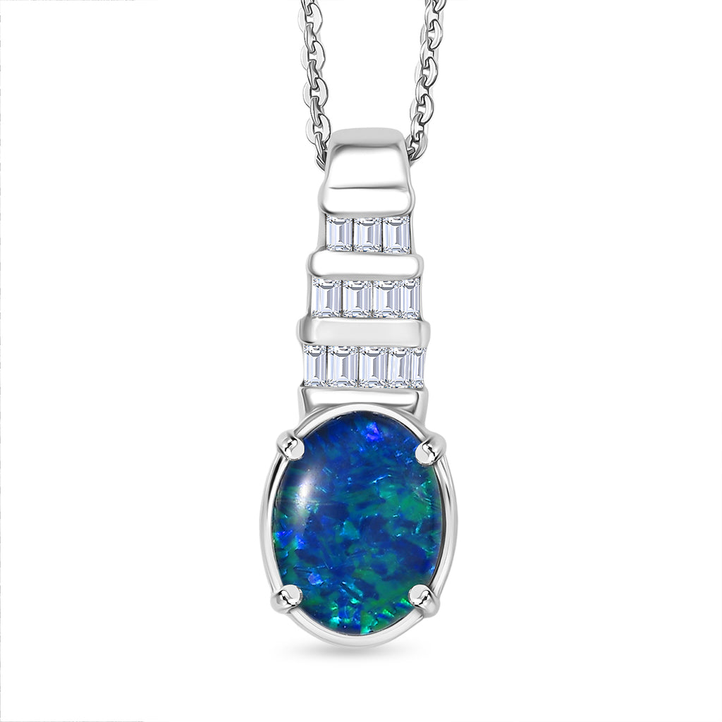 Close Out Deal- D'Joy Australian Boulder Opal & Moissanite Pendant with Chain (Size 20) in Rhodium Overlay Sterling Silver 1.45 Ct._4449518