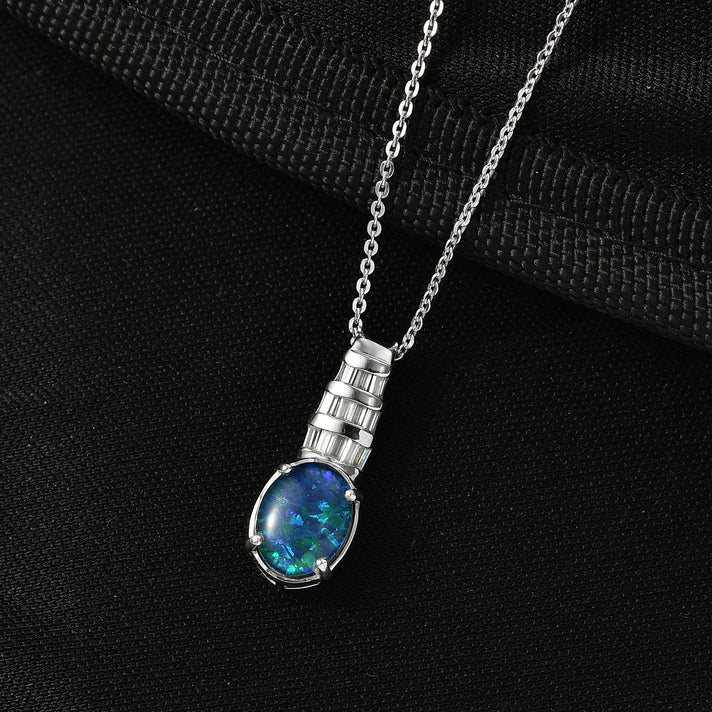 Close Out Deal- D'Joy Australian Boulder Opal &amp; Moissanite Pendant with Chain (Size 20) in Rhodium Overlay Sterling Silver 1.45 Ct. 4449518 2