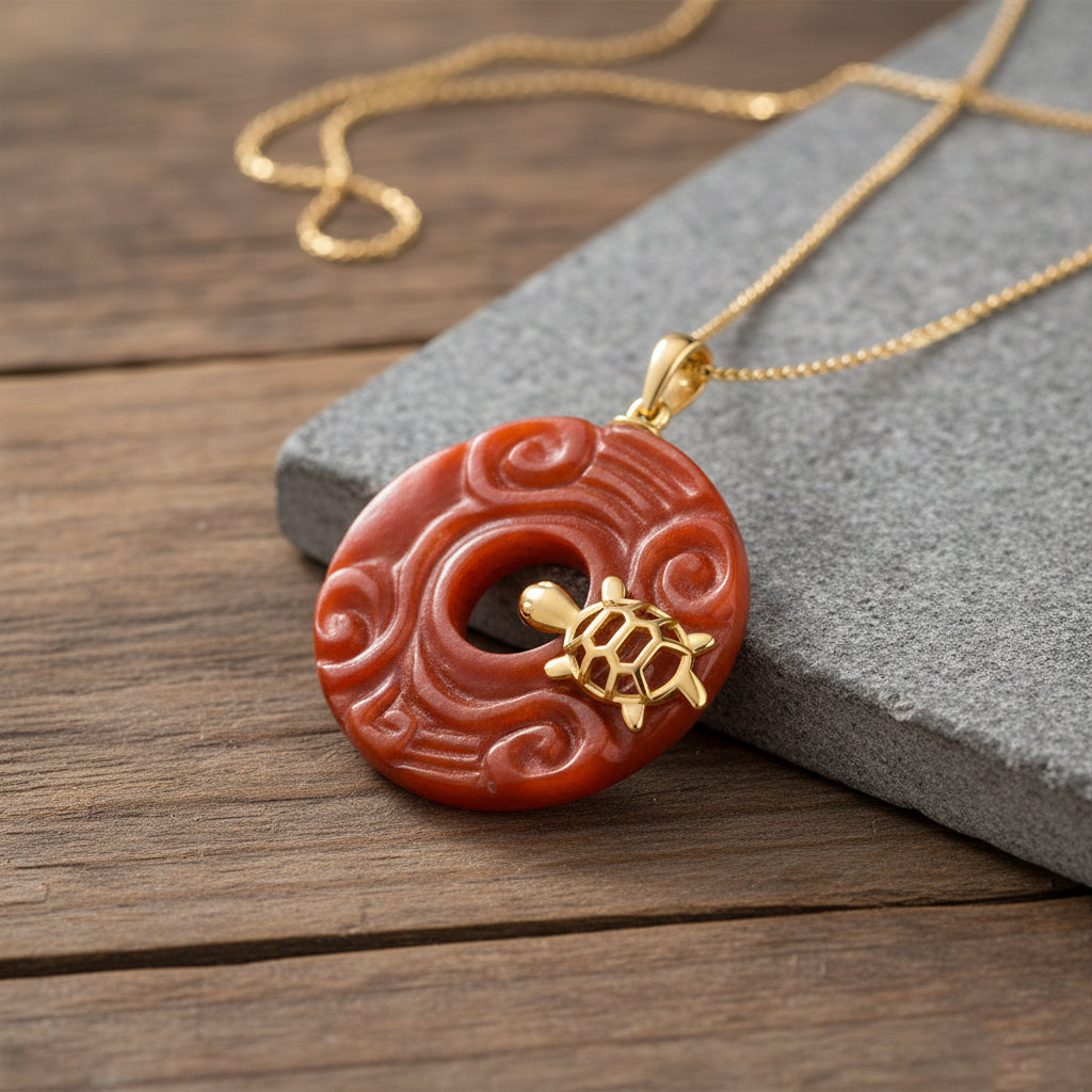 Enhanced Red Jade Turtle Pendant with Chain (Size 18) in Yellow Gold Plated Sterling Silver 37.00 Ct._4450393_1