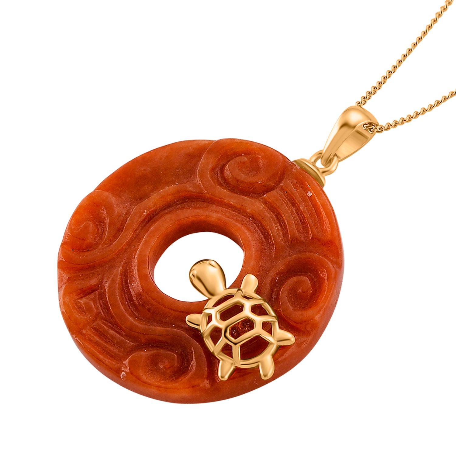 Enhanced Red Jade Cabochon Cut Pendant with Chain (Size 18) in Yellow Gold Plated Sterling Silver 37.00 Ct. 4450393 4