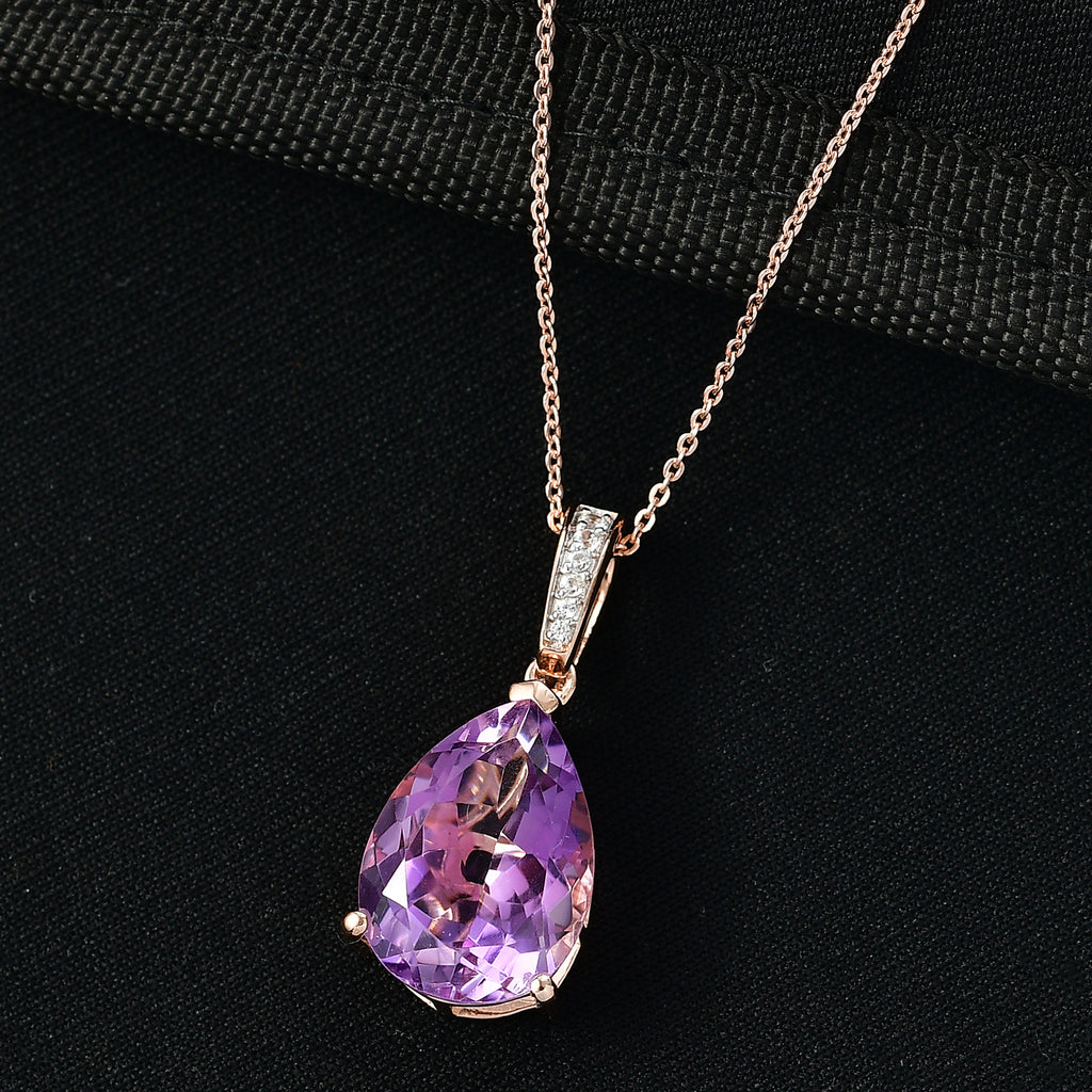 D'Joy AAA Rose De France Amethyst & White Zircon Teardrop Pendant with Chain (Size 20) in Rose Gold Plated Sterling Silver 8.14 Ct._4450911_1