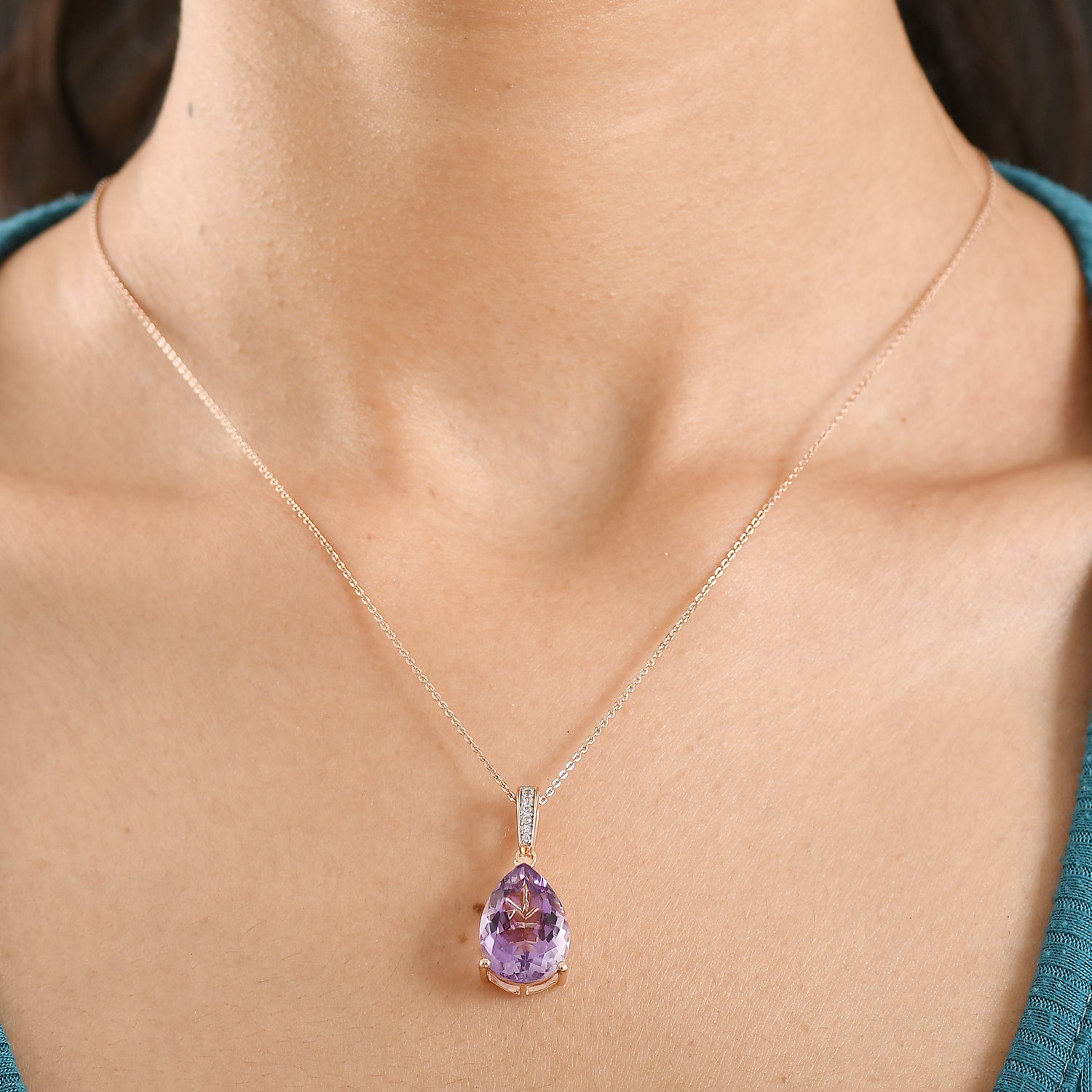 D'Joy AAA Rose De France Amethyst &amp; White Zircon Teardrop Pendant with Chain (Size 20) in Rose Gold Plated Sterling Silver 8.14 Ct. V32538181 3