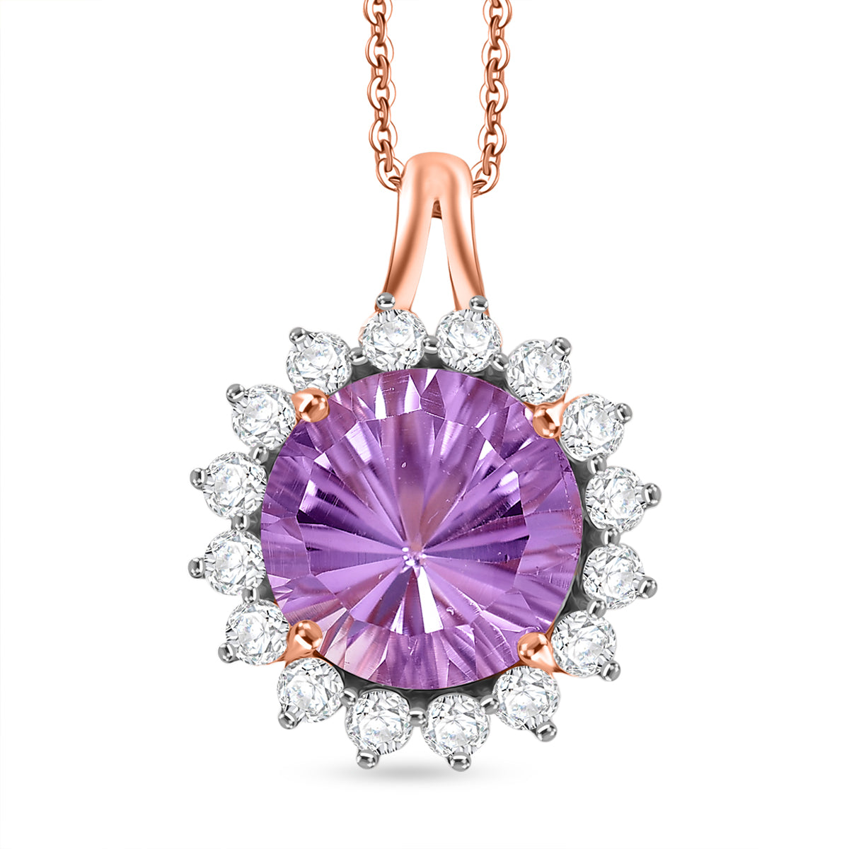 D'Joy AAA Rose De France Amethyst &amp; White Zircon Halo Pendant with Chain (Size 20) in Rose Gold Plated Sterling Silver 7.33 Ct. 4451663 0