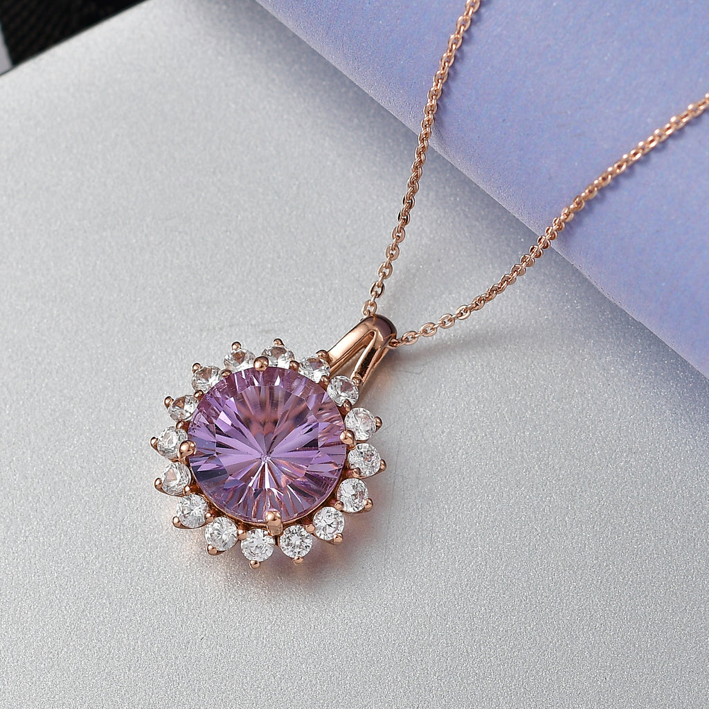 D'Joy AAA Rose De France Amethyst & White Zircon Halo Pendant with Chain (Size 20) in Rose Gold Plated Sterling Silver 7.33 Ct._4451663_1
