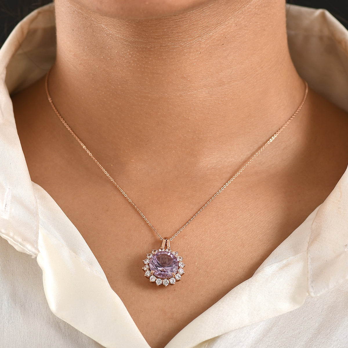 D'Joy AAA Rose De France Amethyst &amp; White Zircon Halo Pendant with Chain (Size 20) in Rose Gold Plated Sterling Silver 7.33 Ct. 4451663 3