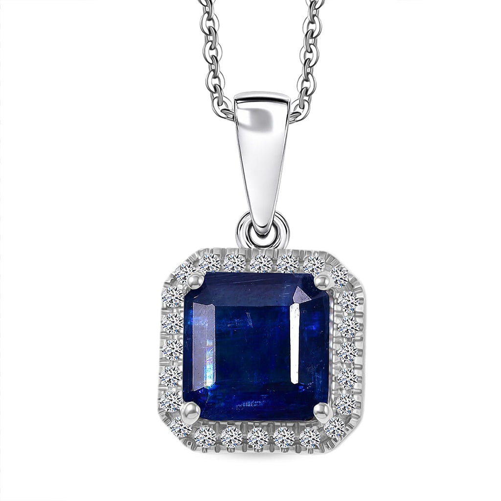 AAA Natural Kashmir Kyanite Octagon Cut & SI-G/H Lab Grown Diamond  Halo Pendant with Chain (Size 20) in Rhodium Overlay Sterling Silver 2.21 Ct_4452942