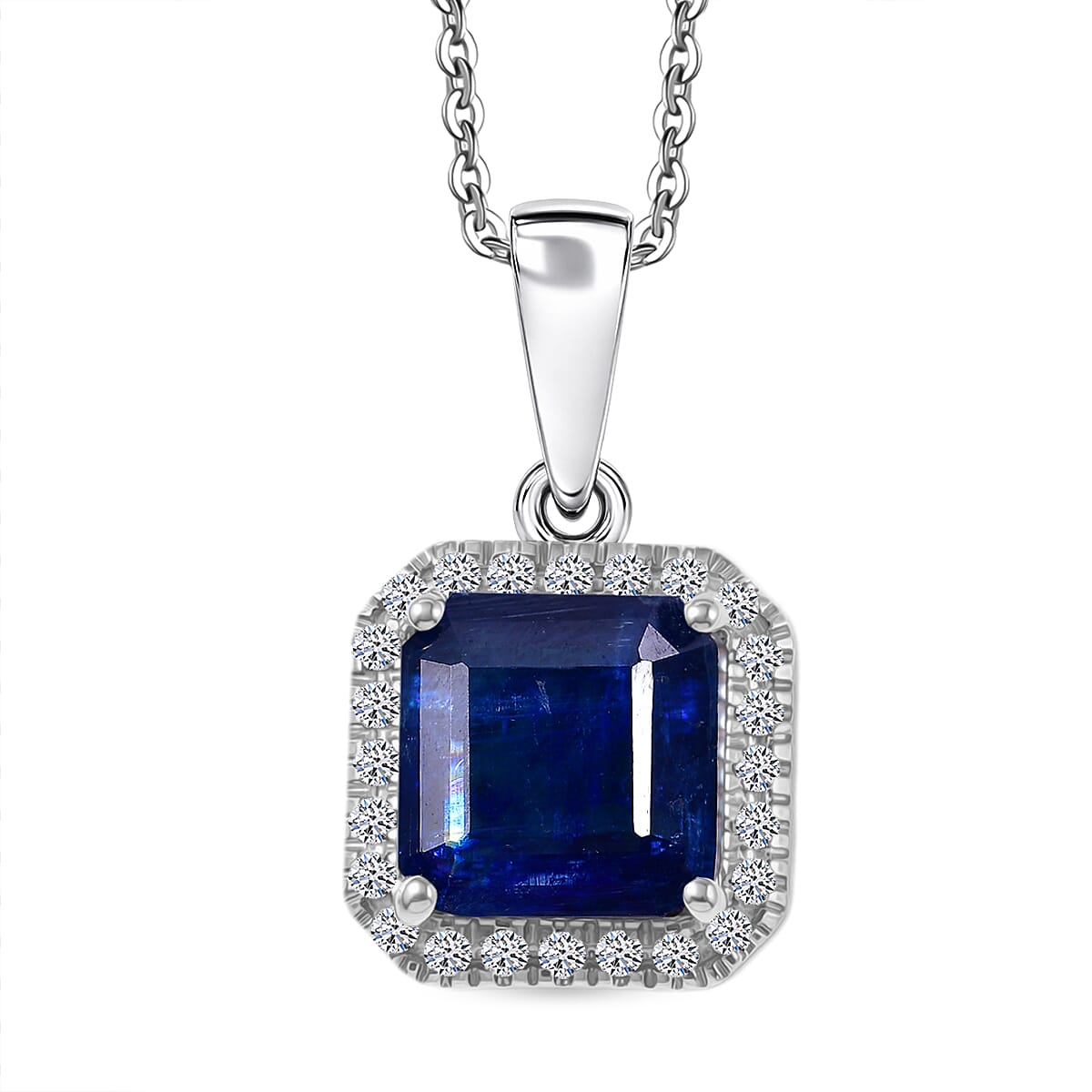 AAA Natural Kashmir Kyanite Octagon Cut &amp; SI-G/H Lab Grown Diamond  Halo Pendant with Chain (Size 20) in Rhodium Overlay Sterling Silver 2.21 Ct V32512648 0