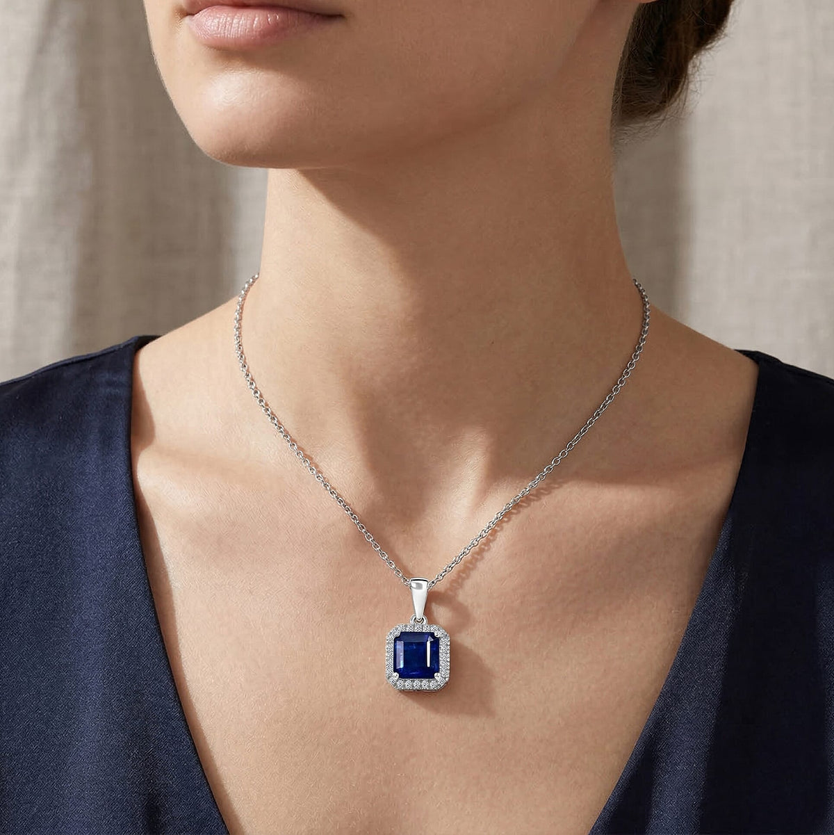 AAA Natural Kashmir Kyanite Octagon Cut &amp; SI-G/H Lab Grown Diamond  Halo Pendant with Chain (Size 20) in Rhodium Overlay Sterling Silver 2.21 Ct V32512648 2
