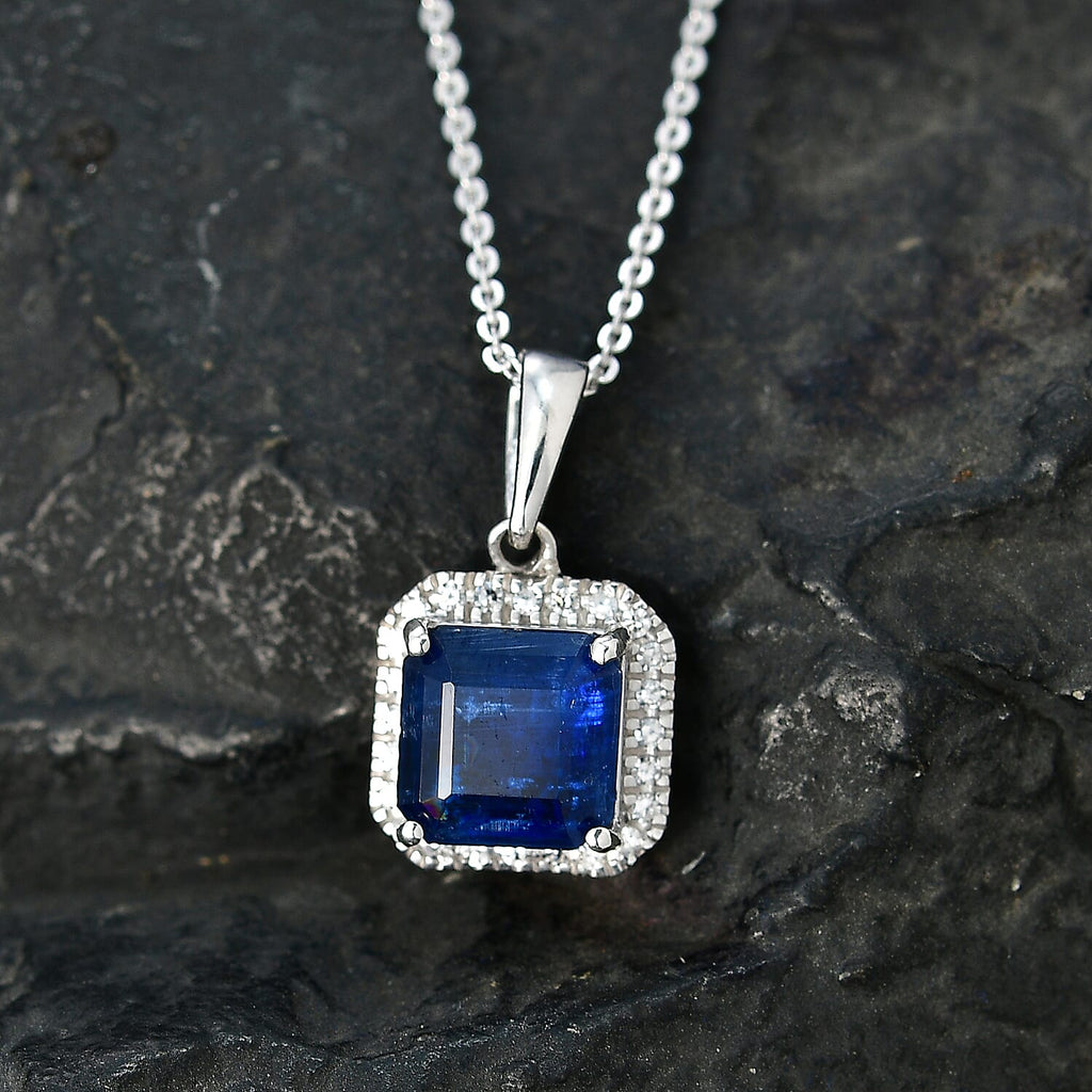 AAA Natural Kashmir Kyanite Octagon Cut & SI-G/H Lab Grown Diamond  Halo Pendant with Chain (Size 20) in Rhodium Overlay Sterling Silver 2.21 Ct_4452942_2