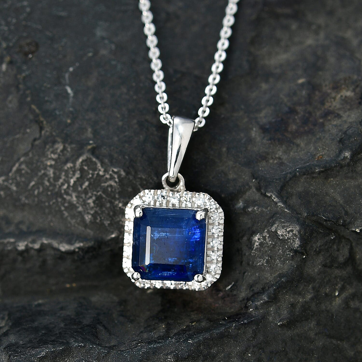 AAA Natural Kashmir Kyanite Octagon Cut &amp; SI-G/H Lab Grown Diamond  Halo Pendant with Chain (Size 20) in Rhodium Overlay Sterling Silver 2.21 Ct V32512648 3
