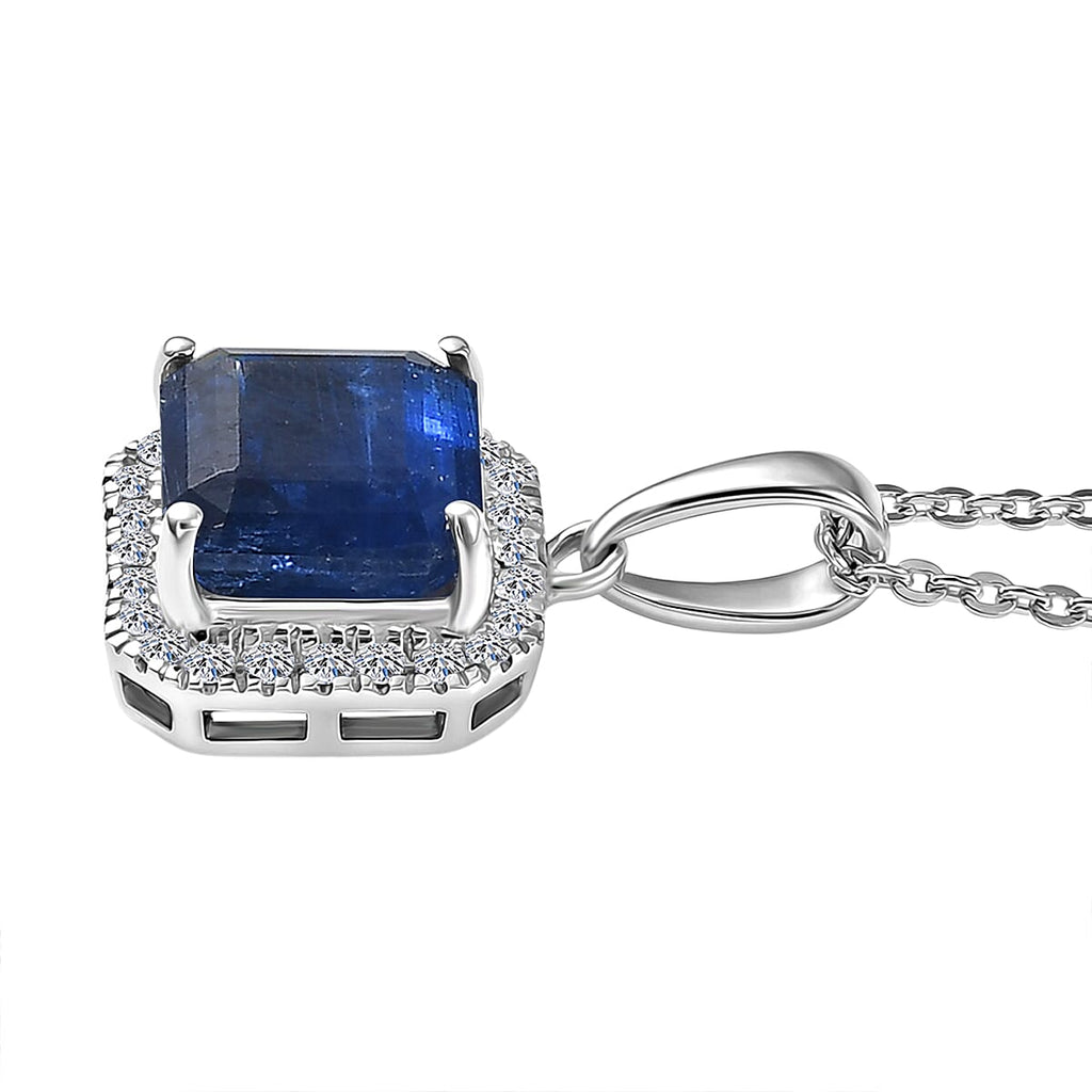 AAA Natural Kashmir Kyanite Octagon Cut & SI-G/H Lab Grown Diamond  Halo Pendant with Chain (Size 20) in Rhodium Overlay Sterling Silver 2.21 Ct_4452942_3