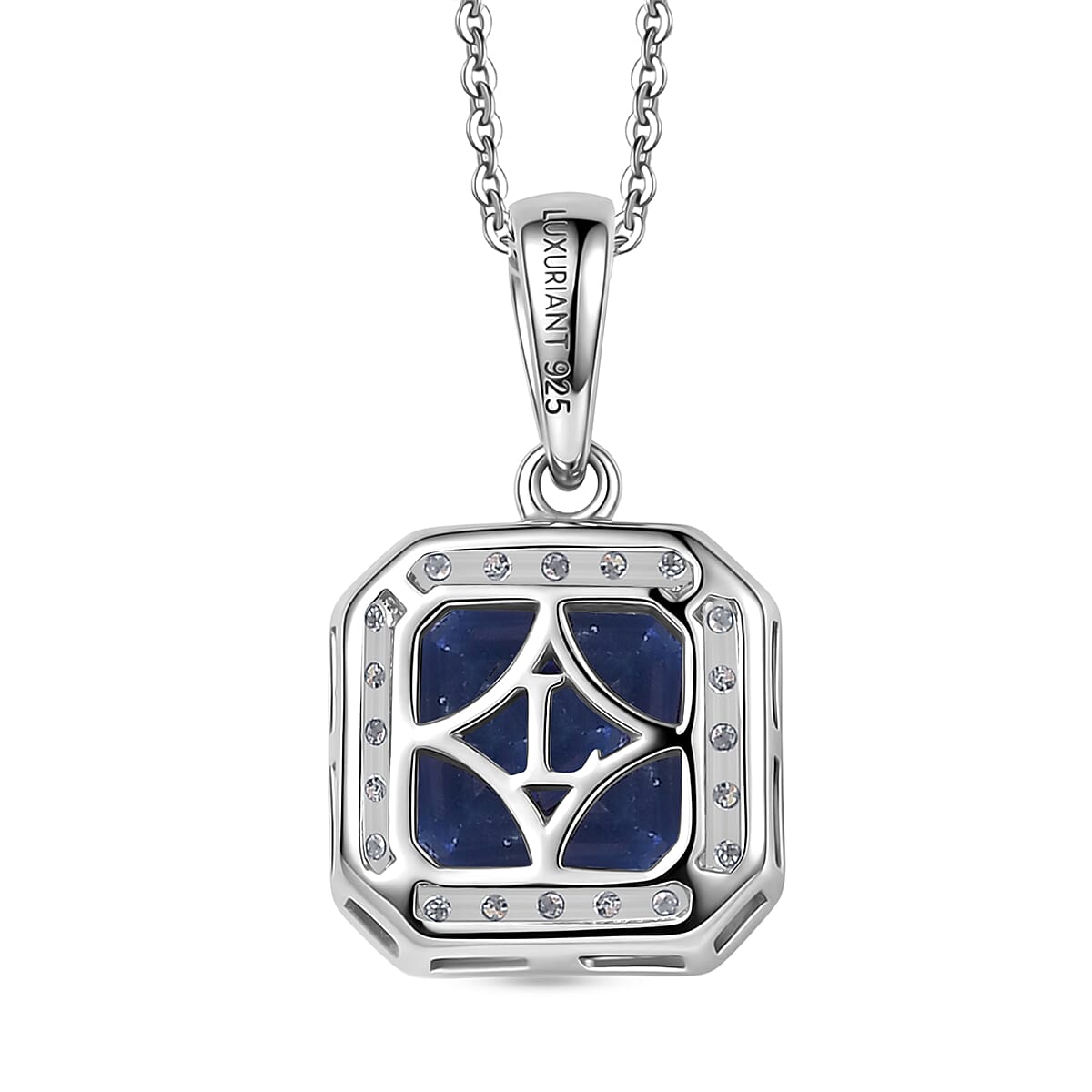 AAA Natural Kashmir Kyanite Octagon Cut &amp; SI-G/H Lab Grown Diamond  Halo Pendant with Chain (Size 20) in Rhodium Overlay Sterling Silver 2.21 Ct V32512648 5