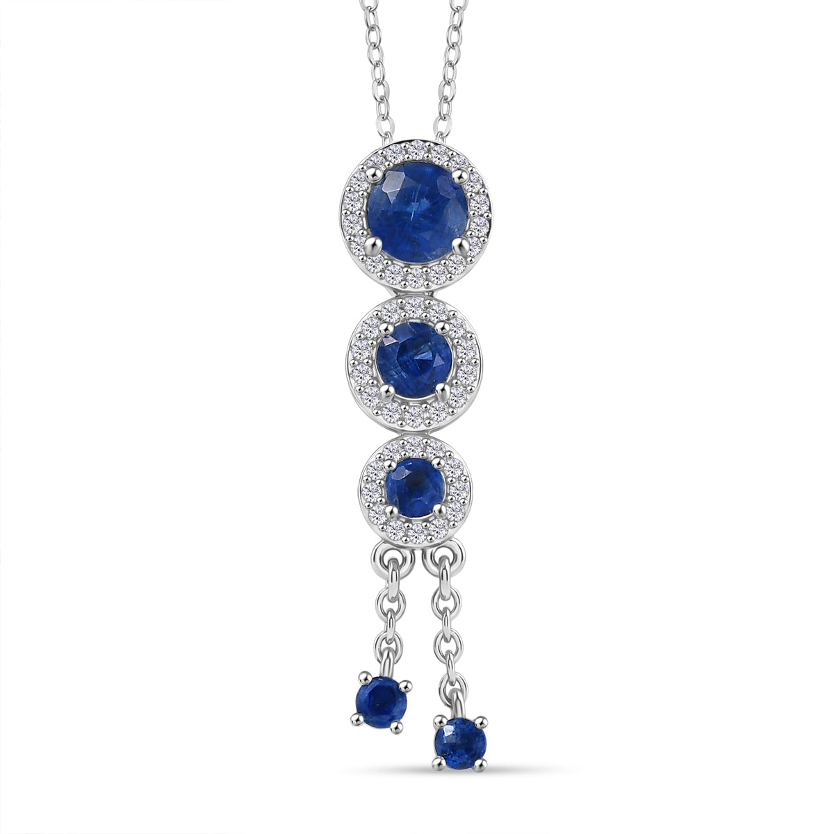 D'Joy AAA Natural Kashmir Kyanite &amp; White Zircon Graduated Drop Pendant with Chain (Size 20) in Rhodium Overlay Sterling Silver 1.80 Ct. V32538864 0