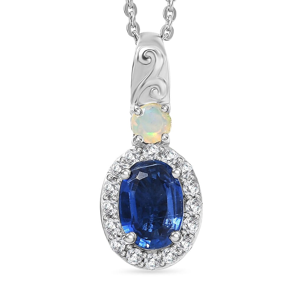 D'Joy AAA Natural Kashmir Kyanite, White Zircon & Ethiopian Opal Halo Pendant with Chain (Size 20) in Platinum Overlay Sterling Silver 1.26 Ct._4453721