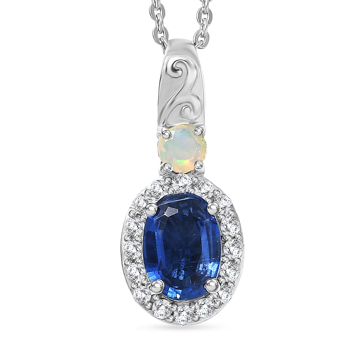 D'Joy AAA Natural Kashmir Kyanite, White Zircon &amp; Ethiopian Opal Halo Pendant with Chain (Size 20) in Platinum Overlay Sterling Silver 1.26 Ct. V32528132 0