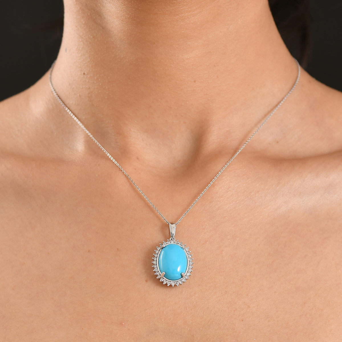 Luxuriant Sleeping Beauty Turquoise &amp; SI-G/H Lab Grown Diamond Halo Pendant with Chain (Size 20) in Rhodium Overlay Sterling Silver 11.07 Ct. V32515716 2