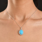 Luxuriant Sleeping Beauty Turquoise & SI-G/H Lab Grown Diamond Halo Pendant with Chain (Size 20) in Rhodium Overlay Sterling Silver 11.07 Ct._4453831_1