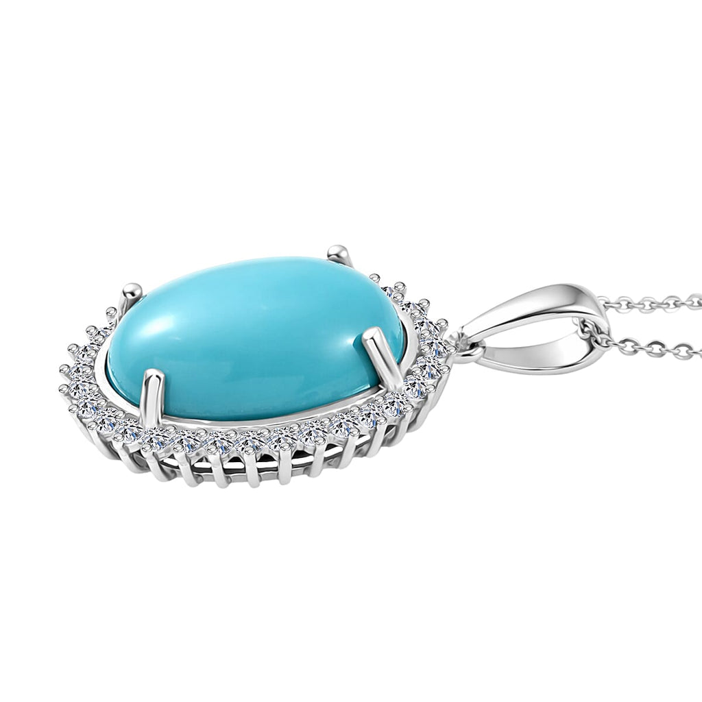 Luxuriant Sleeping Beauty Turquoise & SI-G/H Lab Grown Diamond Halo Pendant with Chain (Size 20) in Rhodium Overlay Sterling Silver 11.07 Ct._4453831_3