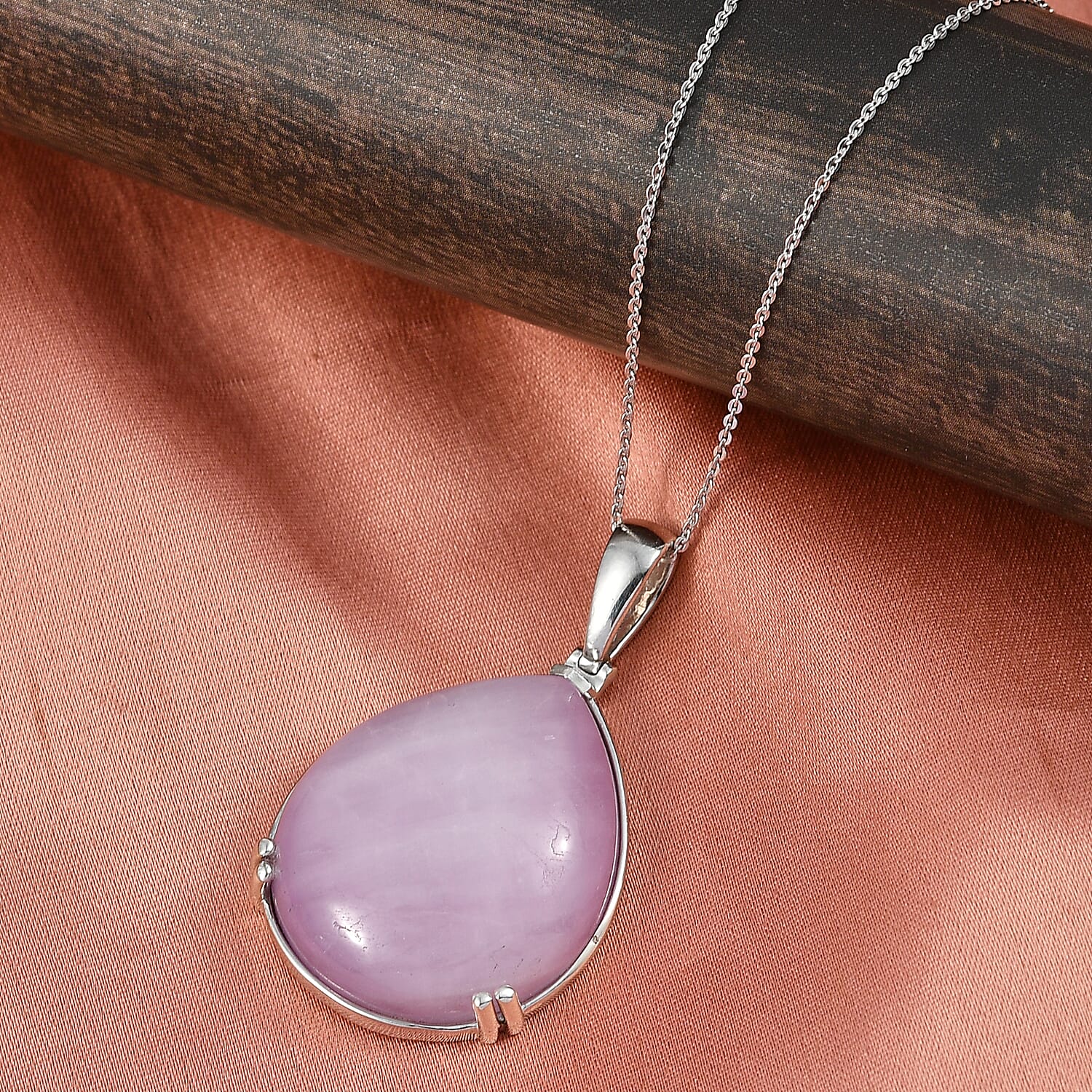 Rare Size Natural Kunzite Pear Cut Solitaire Pendant with Chain (Size 20) in Rhodium Overlay Sterling Silver 54.15 Ct. V32521703 3