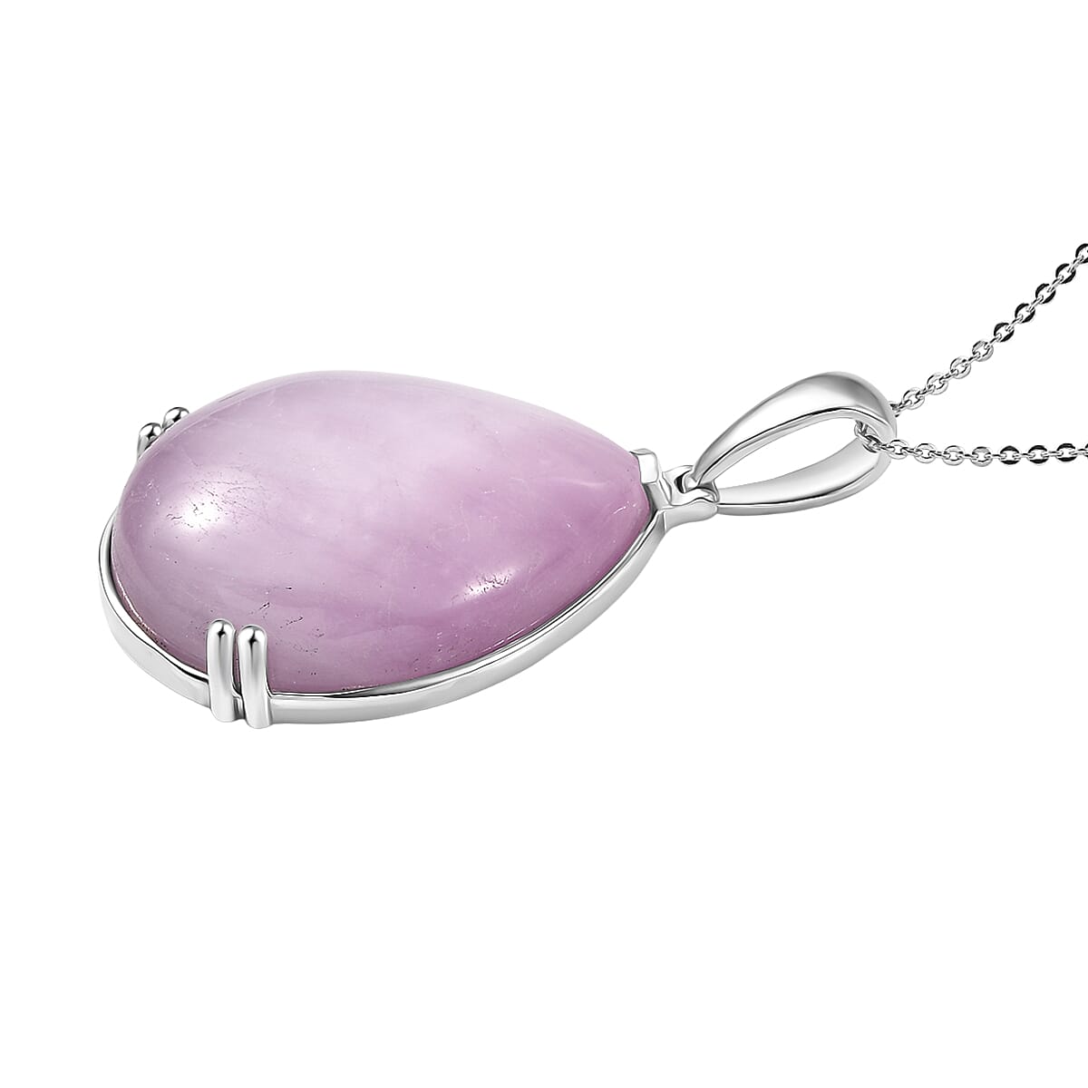 Rare Size Natural Kunzite Pear Cut Solitaire Pendant with Chain (Size 20) in Rhodium Overlay Sterling Silver 54.15 Ct. V32521703 4