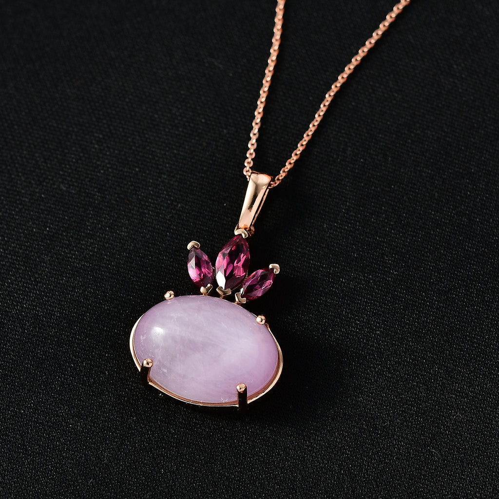 D'Joy Natural Kunzite & Orissa Rose Garnet Drop Pendant with Chain(Size 20) in Rose Gold Plated Sterling Silver 16.58 Ct._4453851_2