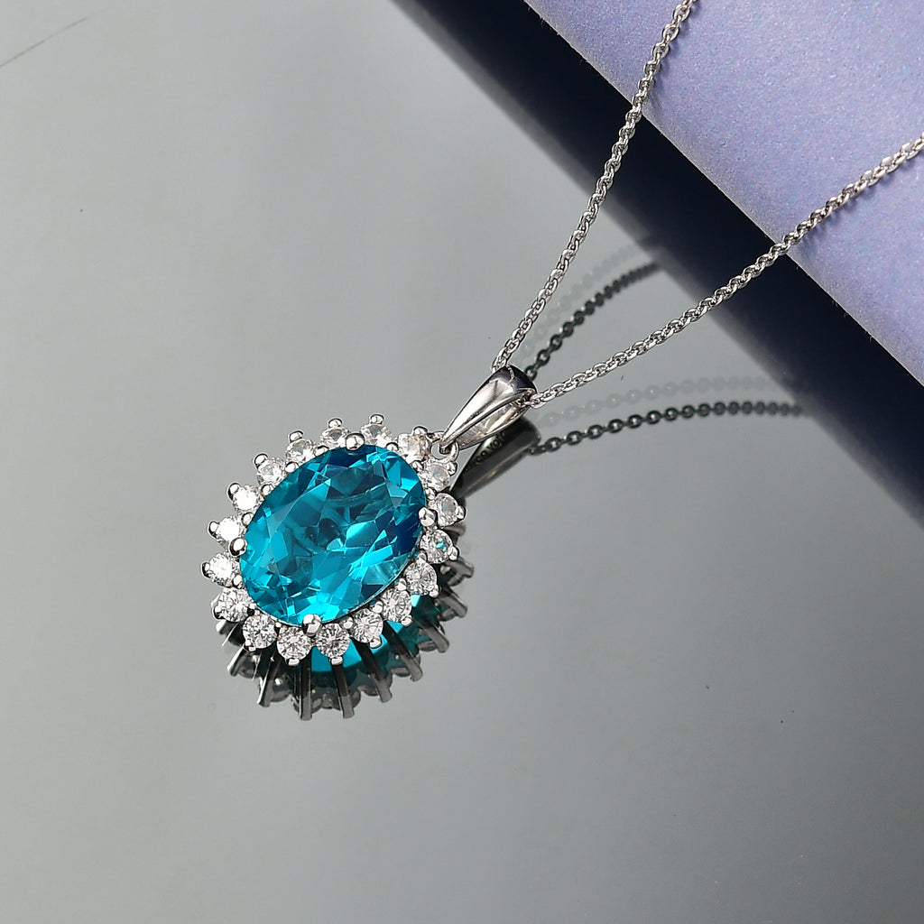 D'Joy Capri Blue Triplet Quartz & White Zircon Halo Pendant with Chain (Size 20) in Rhodium Overlay Sterling Silver 7.25 Ct._4454920_2