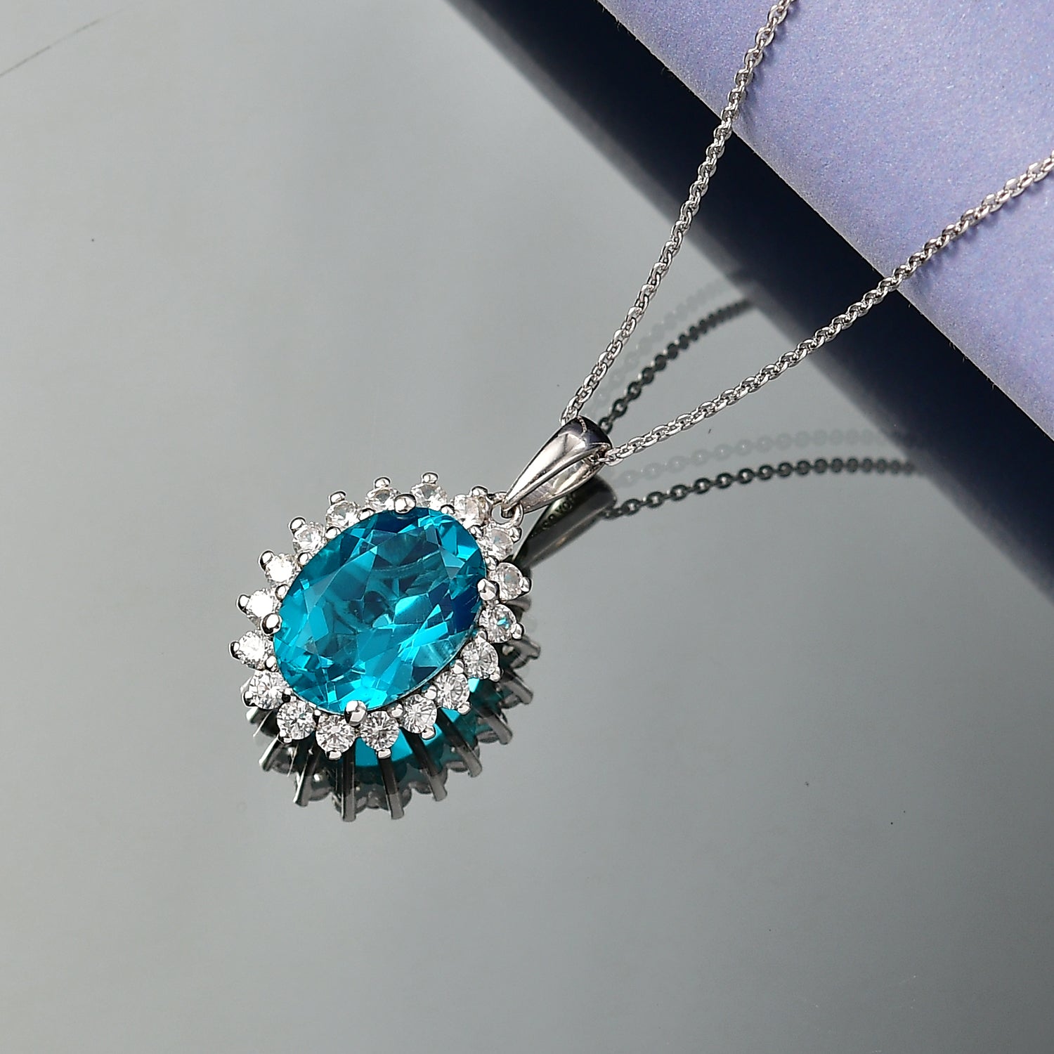 D'Joy Capri Blue Triplet Quartz, White Zircon Halo Pendant with Chain (Size 20) in Rhodium Overlay Sterling Silver 7.25 Ct. V32519578 3