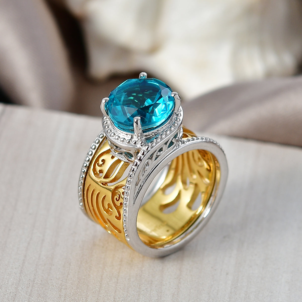 EverTrue Set of 2 - Capri Blue Triplet Quartz Stackable Ring in Yellow Gold Tone 3.93 Ct. V32514776 2
