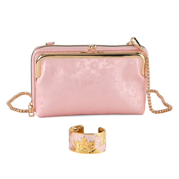 La Marey Set of 2 - RFID Clutch with Shoulder Strap &amp; Gold Flower Cuff Set - Baby Pink 4455479 1